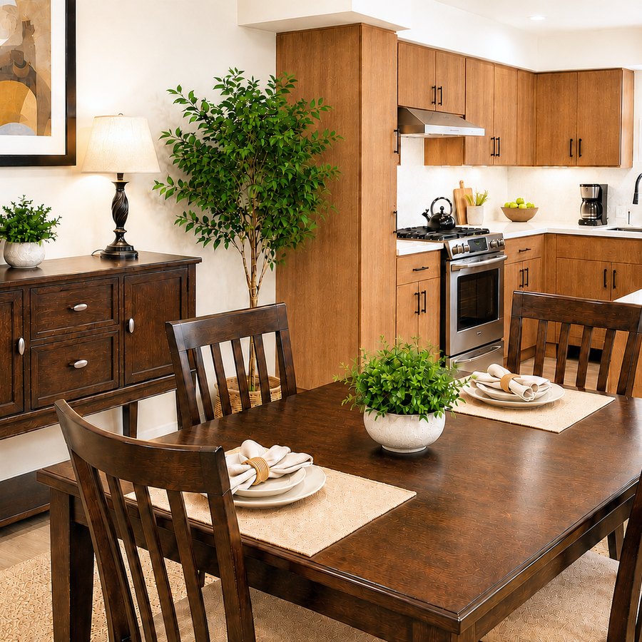 Dining table beside a warm wood kitchen